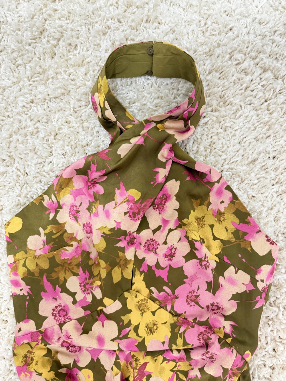 Astr Floral Olive Green Pink Halter Backless Midi Dress - Picture 7 of 14